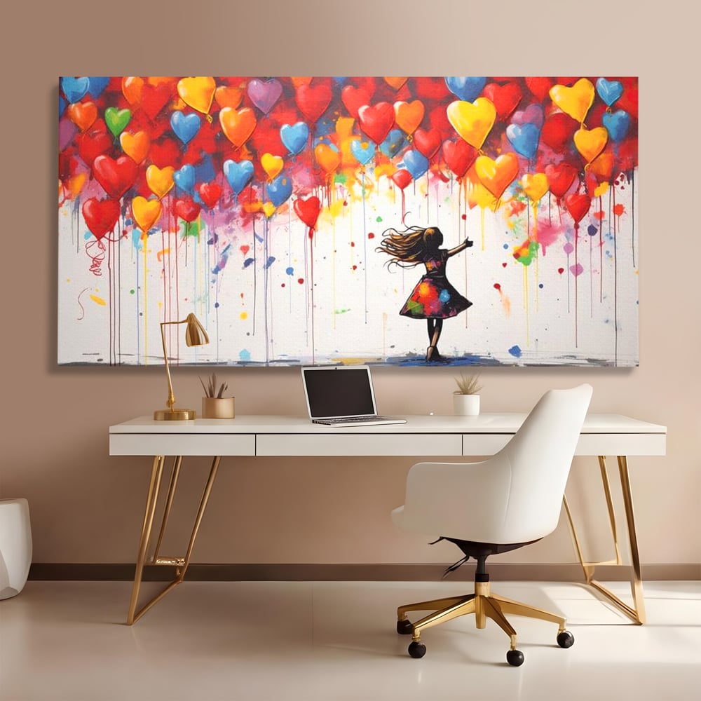 Tablou canvas cu tablou canvas cu fetita si baloane inima, fara rama, pe sasiu de lemn, pe perete intr-un birou